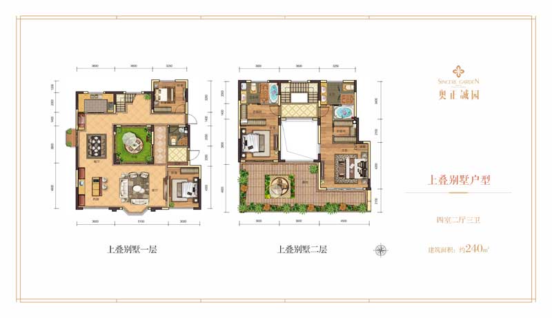 奧正誠(chéng)園上疊別墅戶型 四室兩廳三衛(wèi) 約240㎡