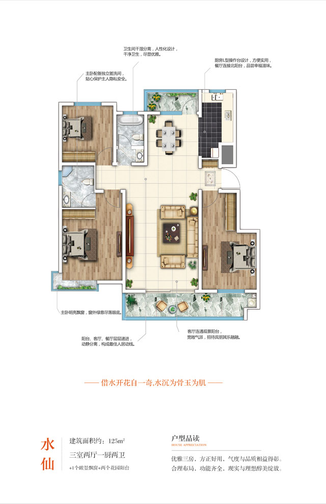 洋房戶型 三室兩廳一廚兩衛(wèi) 125㎡