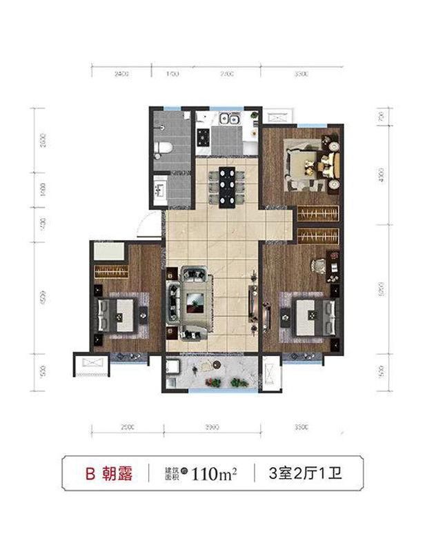 龍盛西園B戶型三室兩廳一衛(wèi) 110㎡