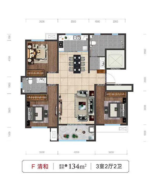 龍盛西園F戶型三室兩廳兩衛(wèi) 134㎡